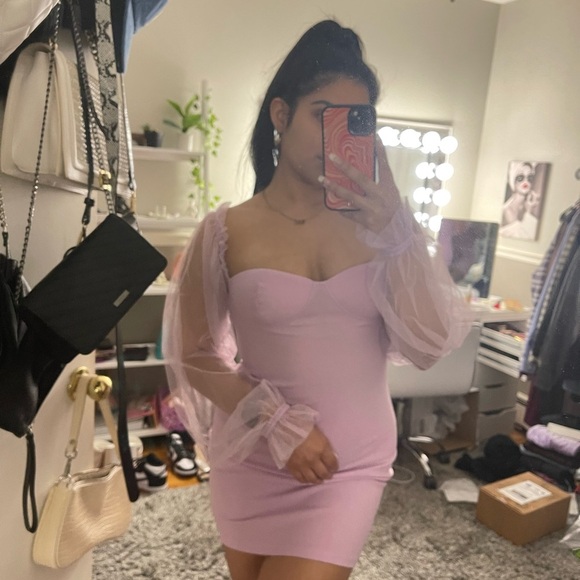 Purple Long Sheer Sleeve Bustier Bodycon Mini Dress - Picture 5 of 5